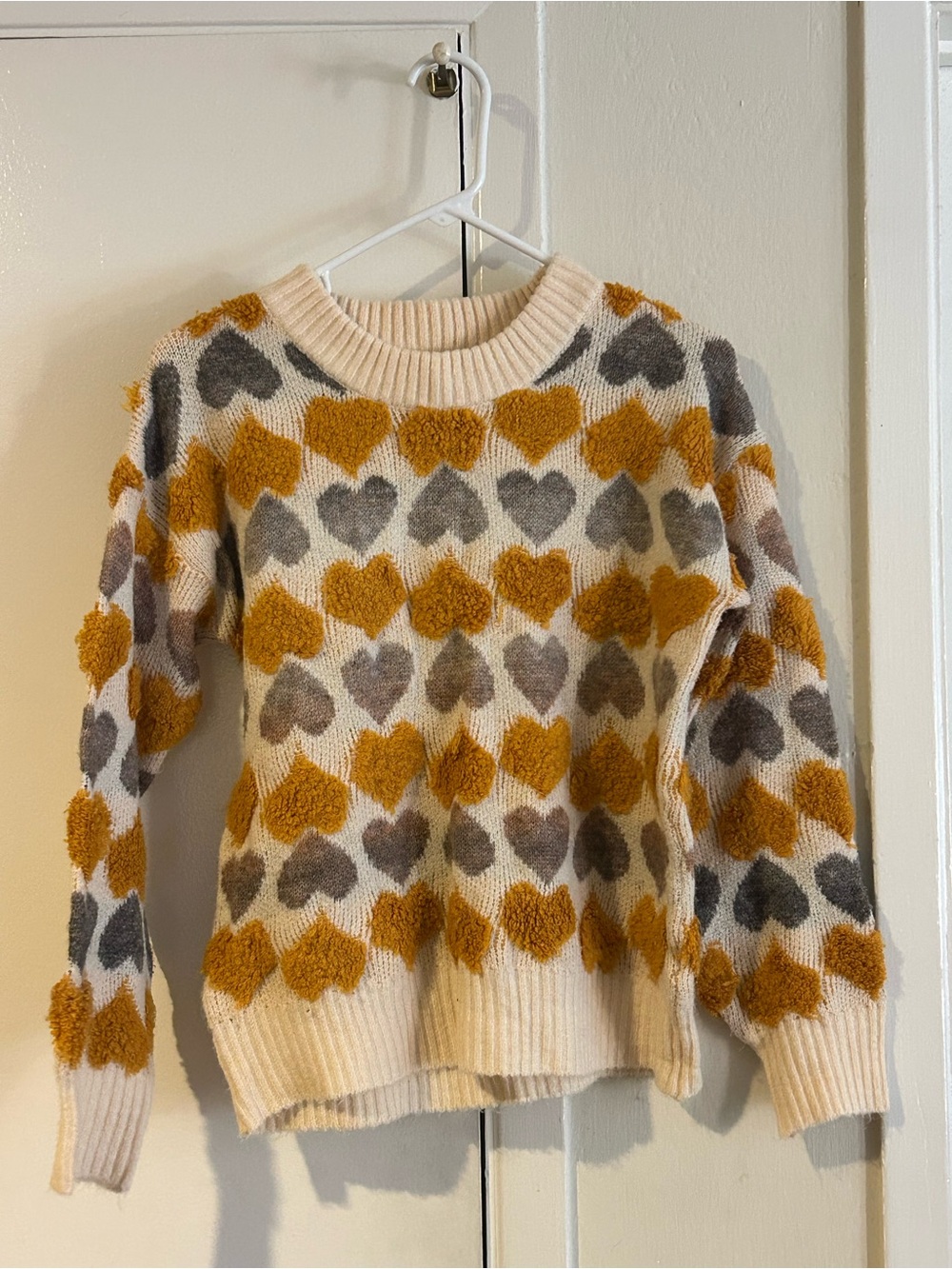Cream Fuzzy Heart Sweater with Mustard & Gray Hearts